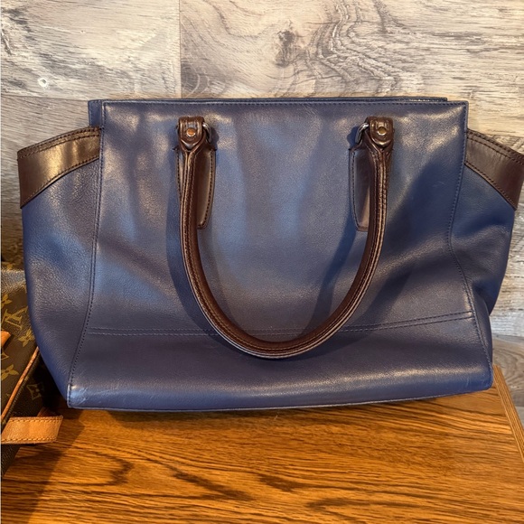 Coach Colorblock Leather Tote in Navy Blue and Hot Pink with Dark Brown Handles - Picture 2 of 6